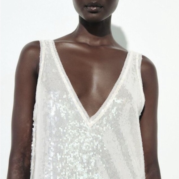 Zara sequin deep v white ankle length dress - Picture 3 of 4